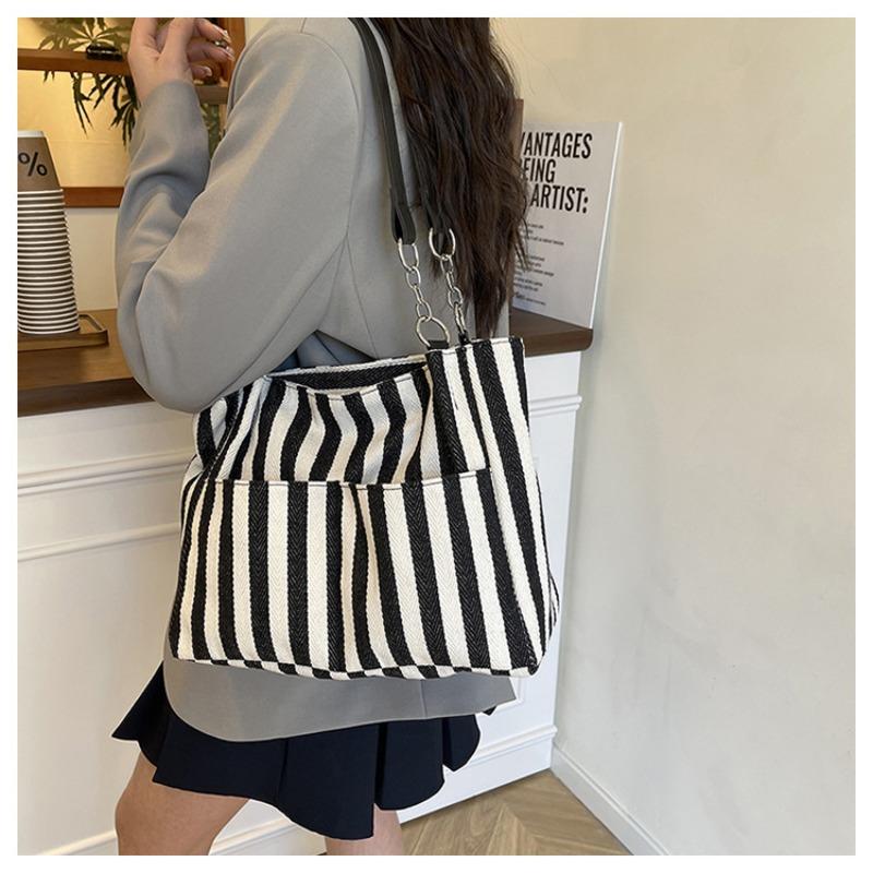 Large capacity contrasting striped tote bag retro literary and artistic portable canvas shoulder bag casual commuter bag