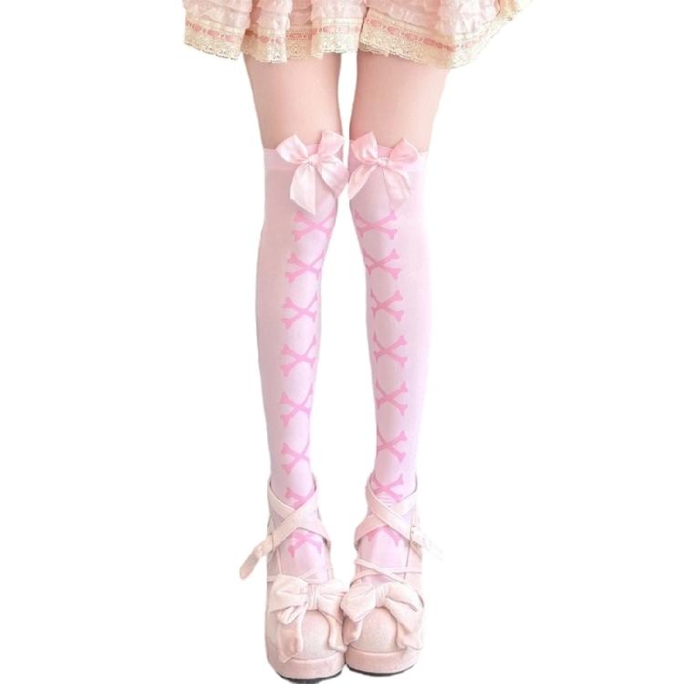 Calze Autoreggenti con Accenti di Fiocchi Stampa Cuore Scheletro Ragazza Anime Cosplay Festival Calze Lunghe Sopra il Ginocchio per Donne