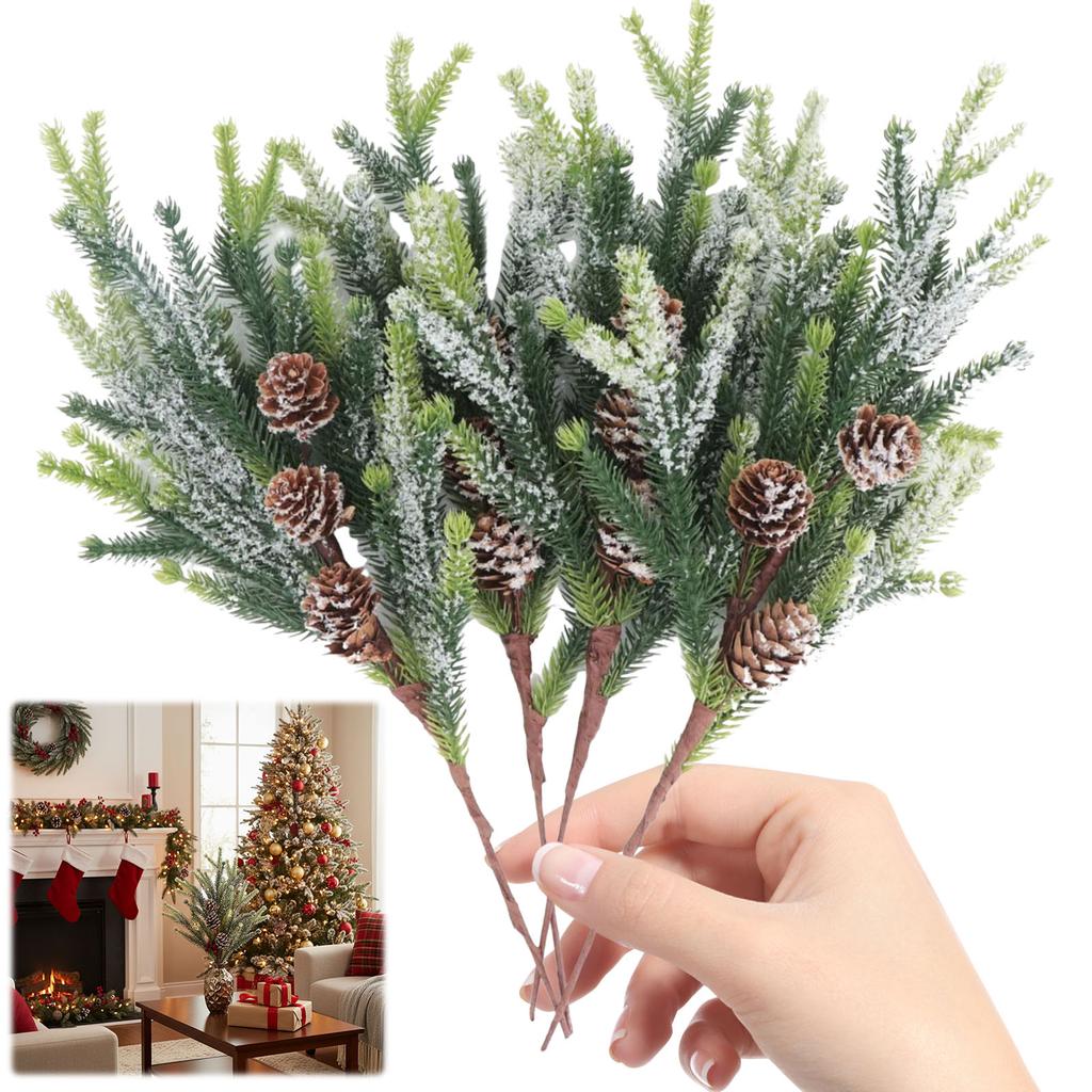 13in Christmas Fake Frosted Pine Pick W/Pinecone Artificial Flocking Pine Pick Fake Greenery Tree Branch for White Winter Decor