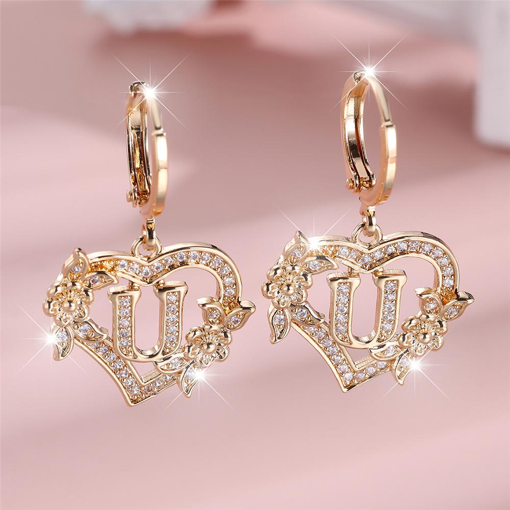 Vintage Hollow Love Heart Flower A-Z 26 Letters Hoop Earrings Yellow Gold Color White Zircon Earring Wedding Jewelry For Women