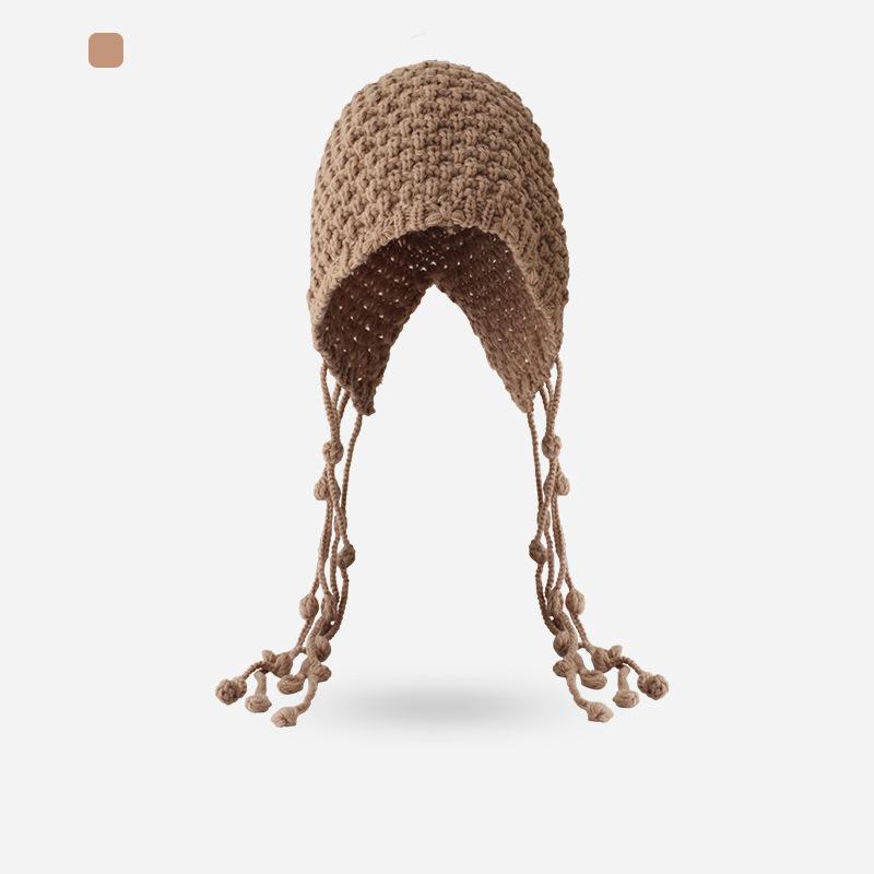 Autumn and Winter Women's Big Head Circumference Bag Hat Shows a Small Face, Thickened Ear Protection Warm Hat, Hand-woven Fringed Knitted Hat