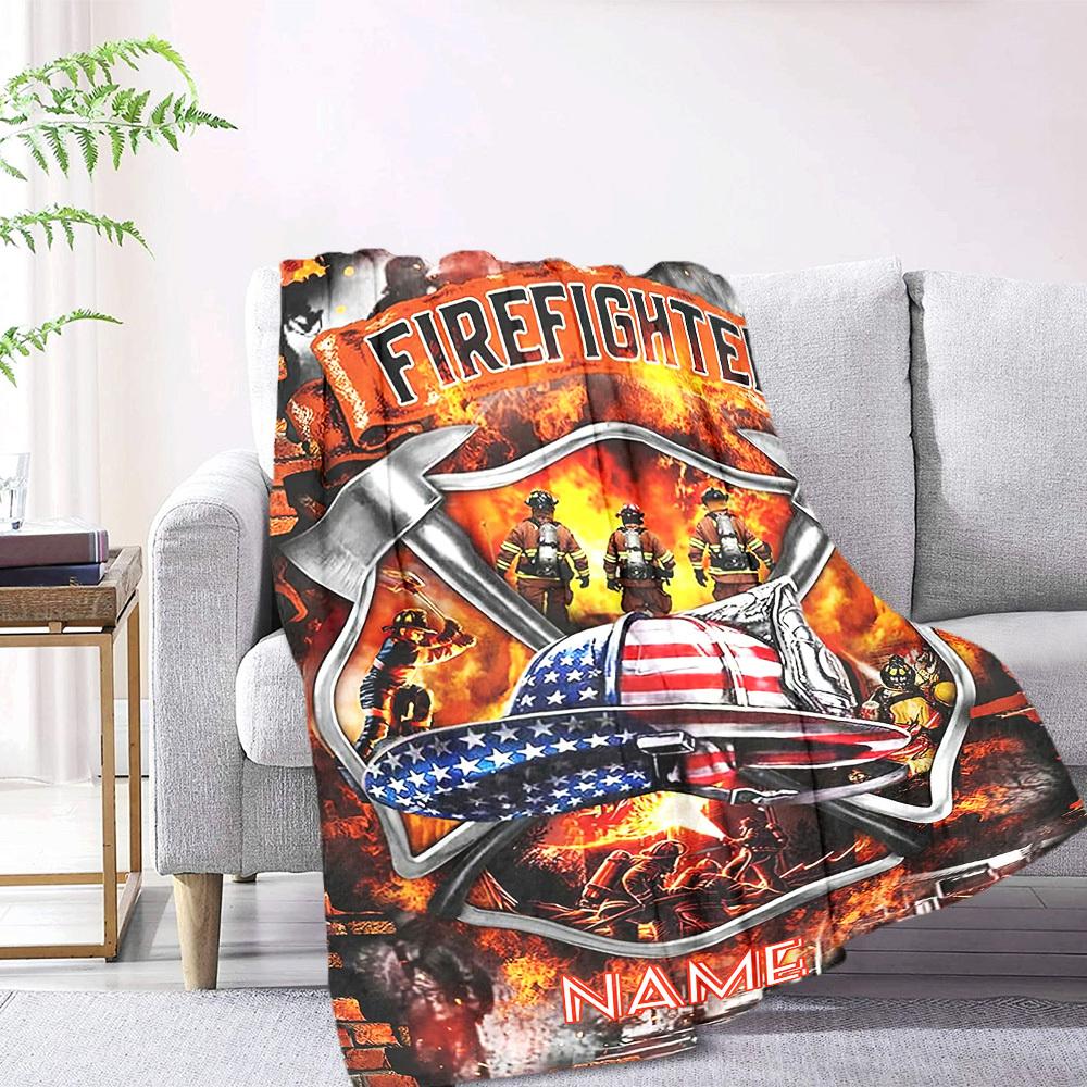Firefighter Hero Bravery And Patriotism Multipurpose Customizable Blanket Customize Your Name Soft Warm Cozy Suitable For Sofa Couch Office Bed