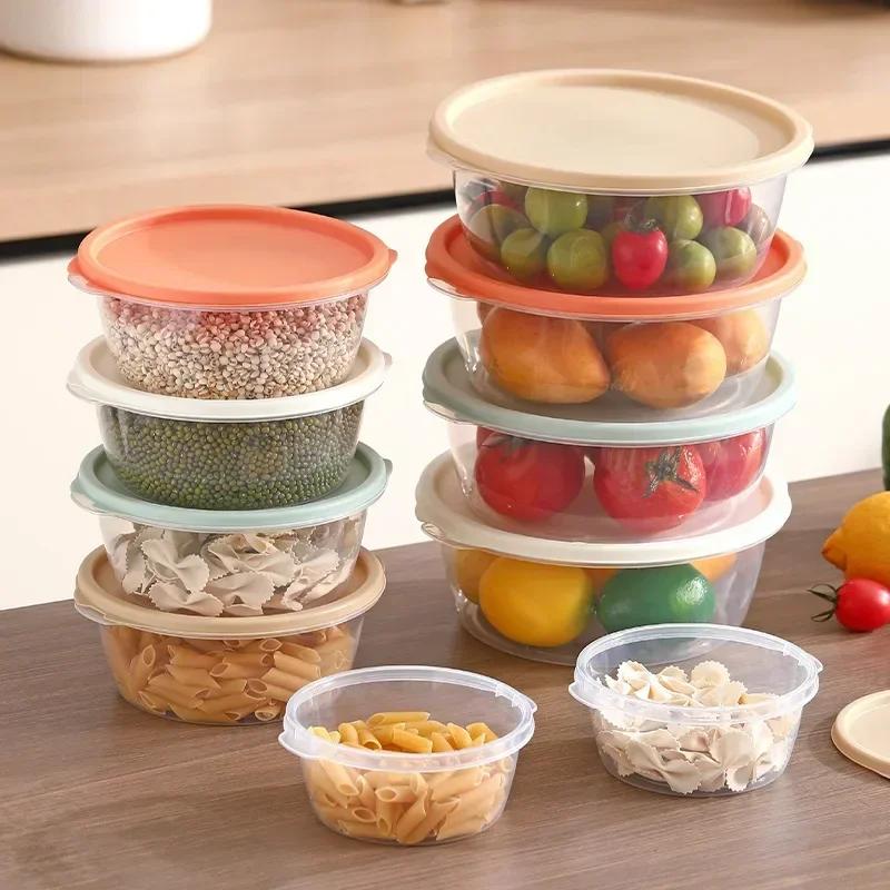 Round Food Fresh Keeping Box with Lids Plastic Grains Storage Jar Microwaveable High Temperature Resistant 250/550/1100/2050ml