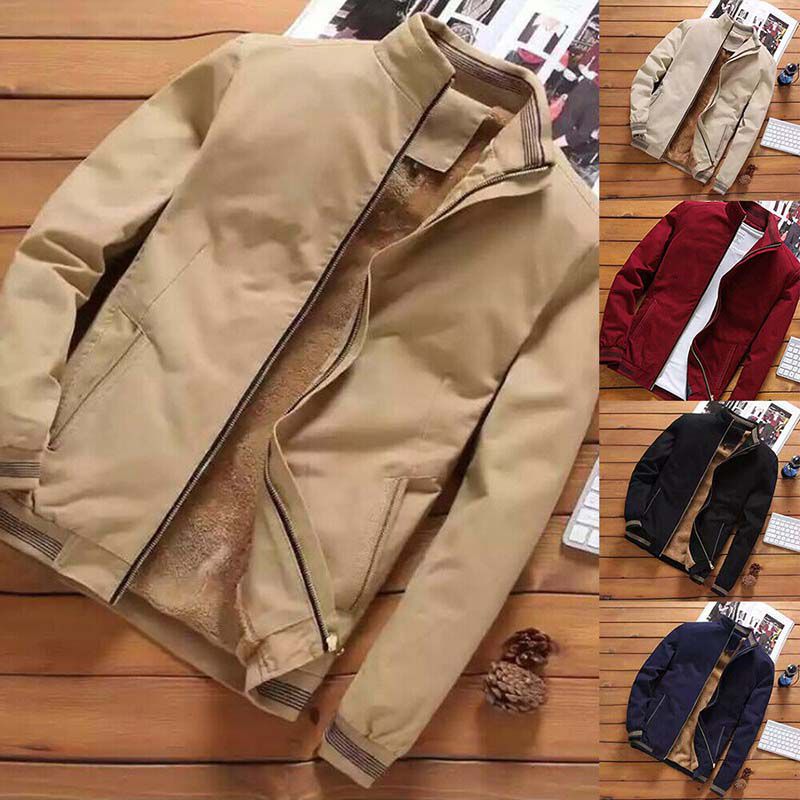 Luxuriously Warm Men Fleece Lined Puffer Jacket With Zip Closure And Ribbed Hem