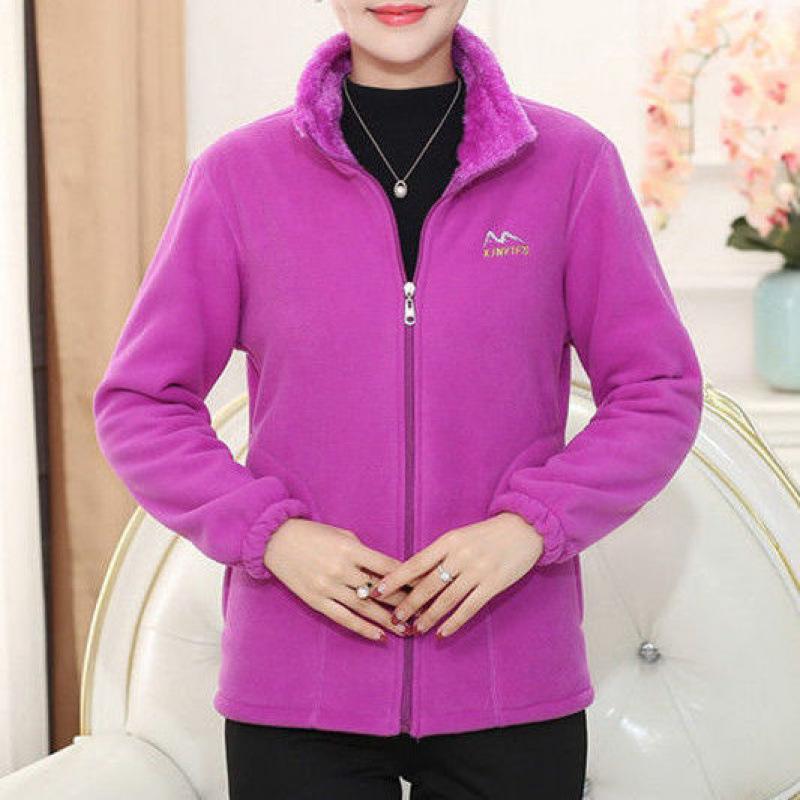 Mid Age Polar Fleece Jacket Women Stand Collar Winter Plush Lined Thick Warm Plus Size Womens Clothing Mom Wear Cardigan Hoodie