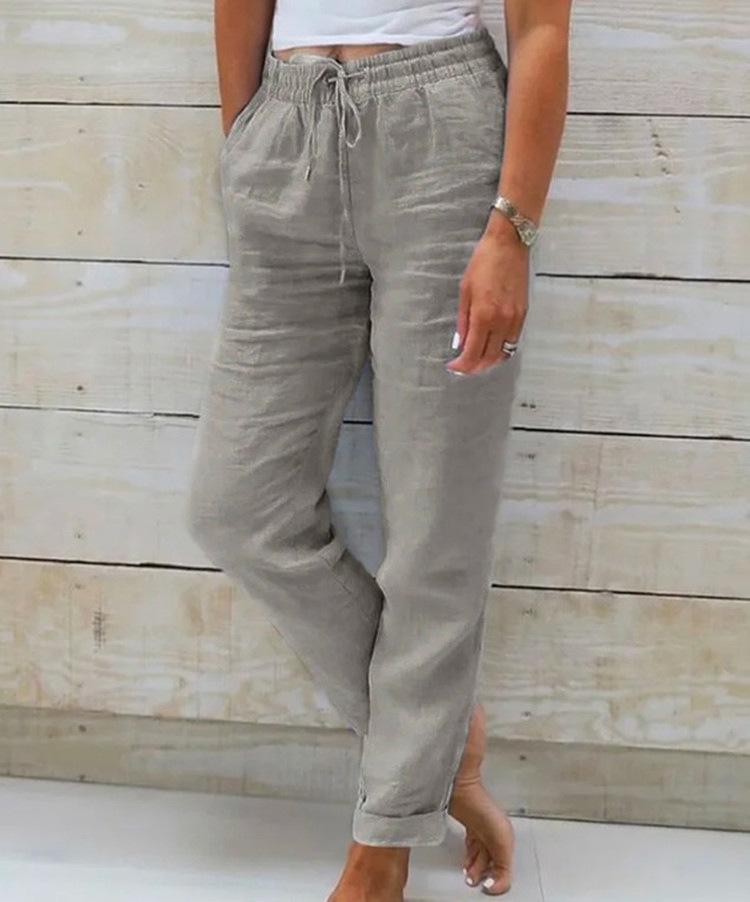 2023 Women's High Waist Elastic Cotton Linen Casual Pants