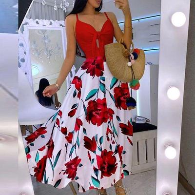Women's Lace Up Full Floral Sexy Halter Long Dresses