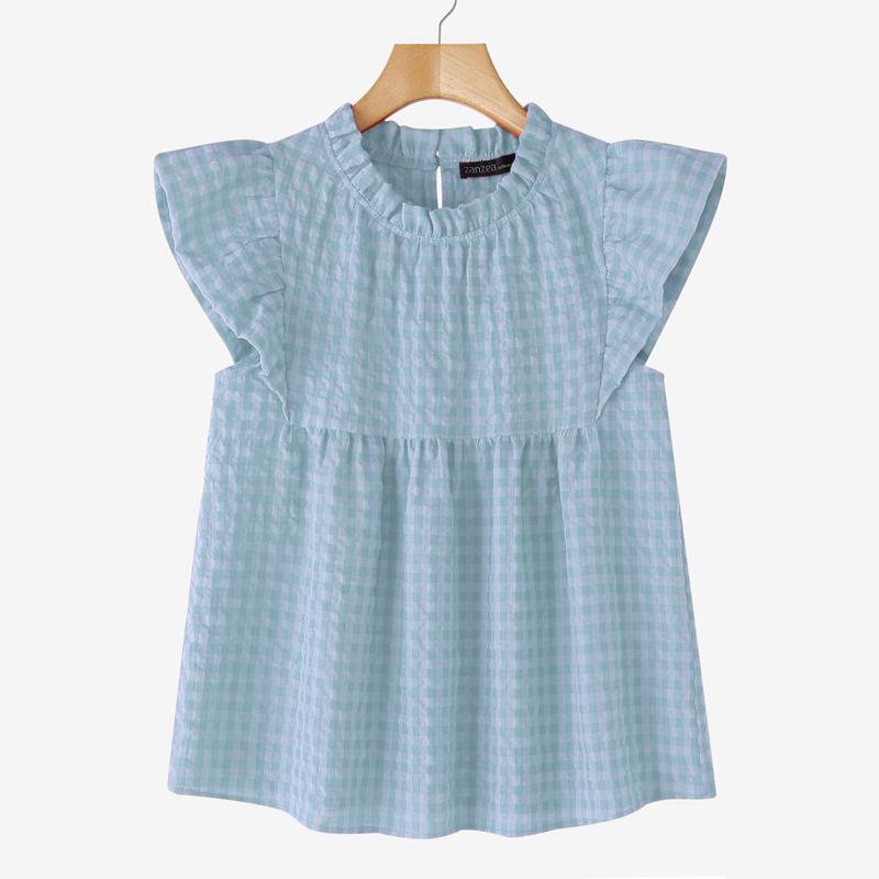 

ZANZEA Womens Casual Summer Cap Sleeve Grid Print Blouse 5XL