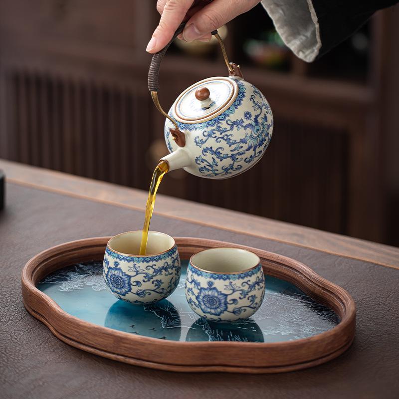 Ru Kiln Lotus Tea Set: One Pot, Six Cups with Tray - Kung Fu Style