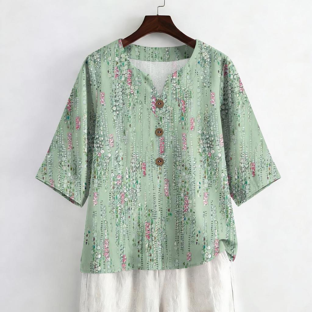 Women's Summer Fashion V-Neck 3/4 Sleeve Shirt Casual Loose-Fit Floral Print Top