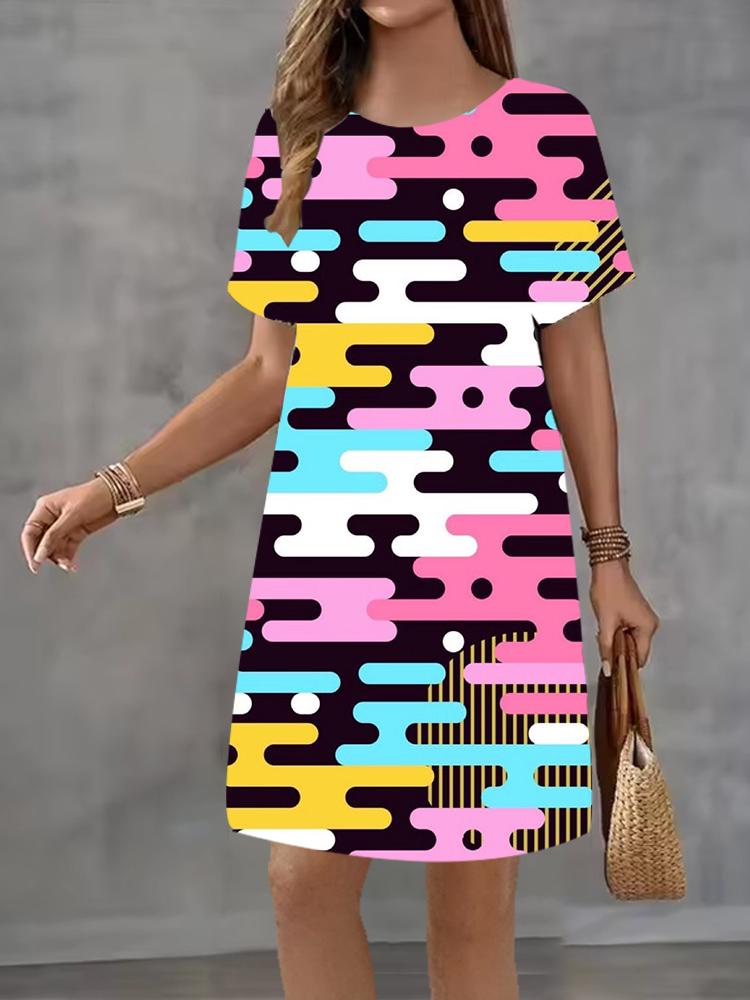 Modisches 3D-Druck Sommerkleid Locker Lässig Kurzarm Rundhals Minikleid