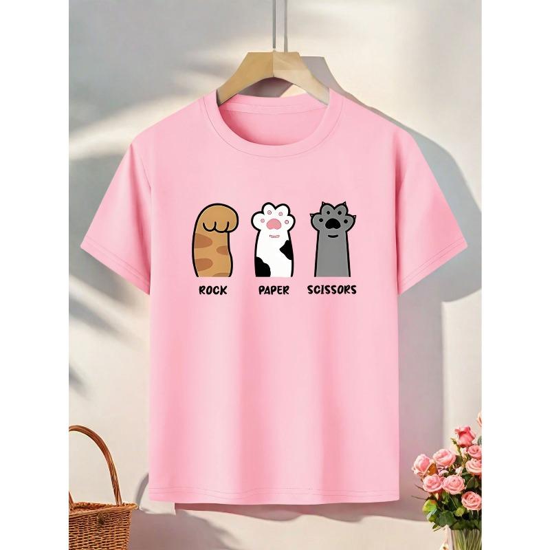 

European sizes Girls Rock, Paper, Scissors Graphic T-Shirt - Soft Pink Tee with Rock, Scissors Game Design - 164cm рожевий