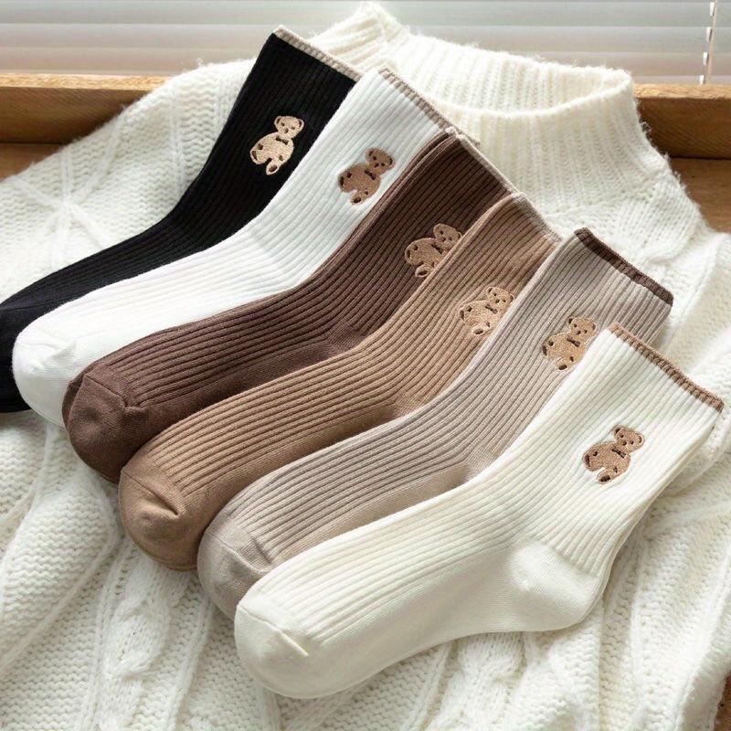 5 Pairs Women's Mid-Calf Socks - Cute Cartoon Bear Design, Soft All-Season Comfort, Coffee & Beige Striped Pattern, Comfortable Sock Material