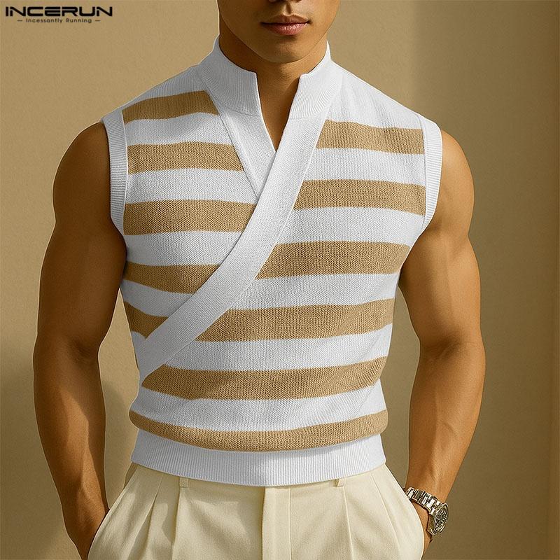 INCERUN Summer Men Stand Collar Sleeveless Striped Print Casual Tank Tops