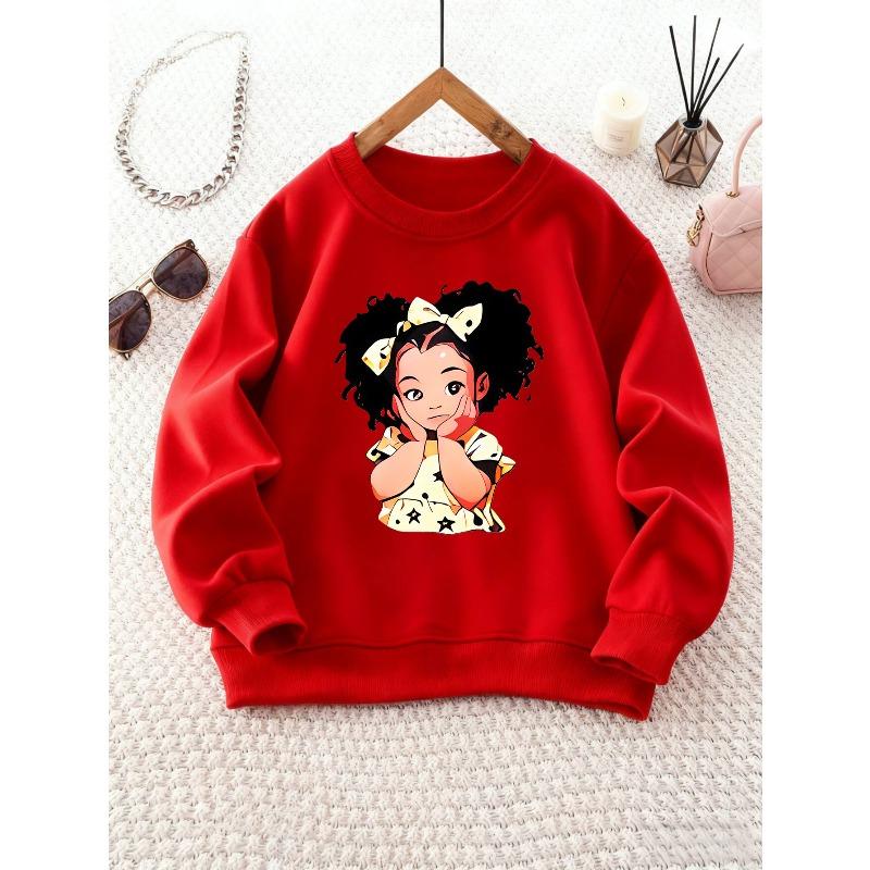 Girl's Round Neck Sweatshirt with Cartoon Girl Print, Long Sleeve Top for Weekend Outings and School Fashion