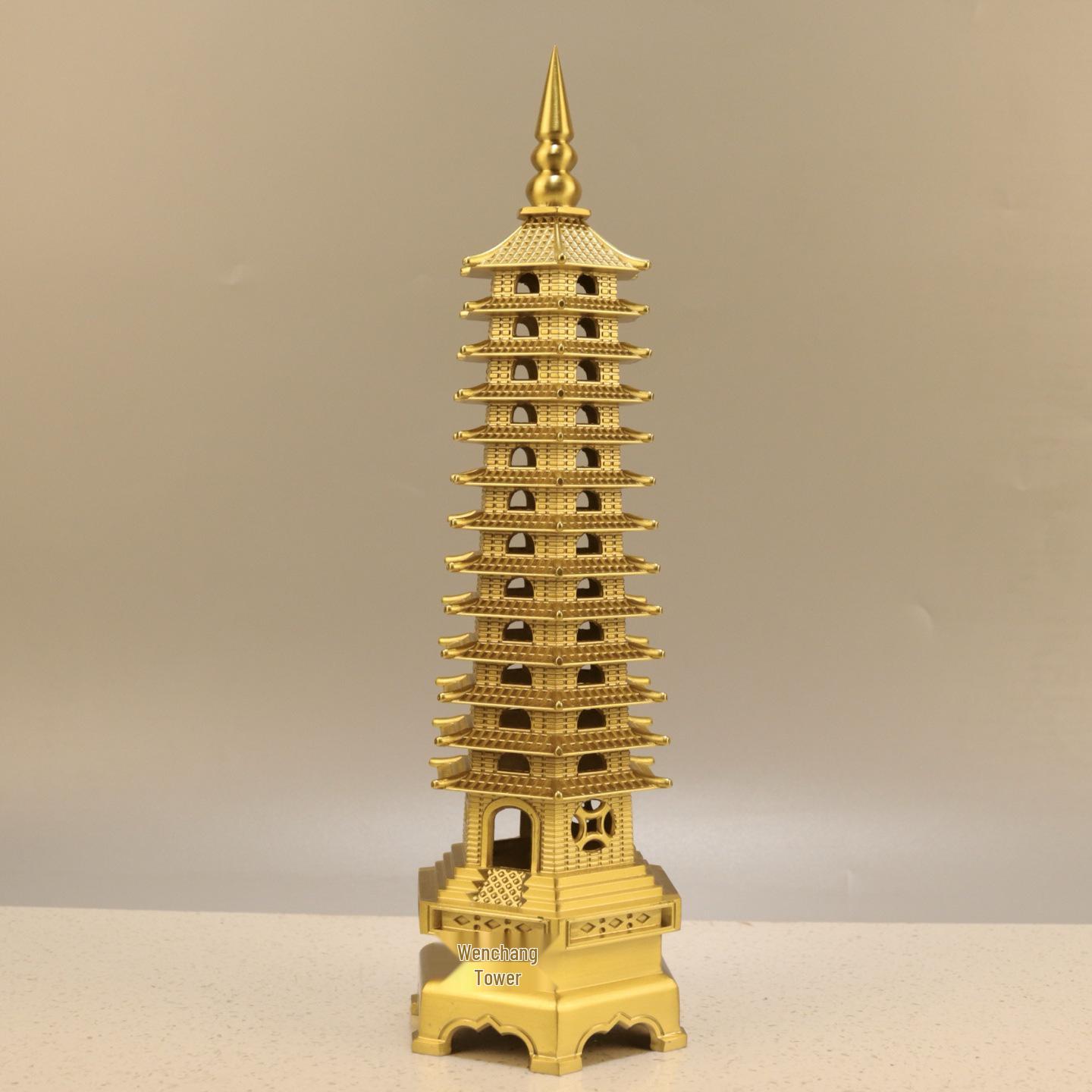 Thirteen-Story Pure Copper Wenchang Pagoda Ornament for Study Desk - Chinese Craftsmanship 16cm height, 5cm base diameter, 13-level tower