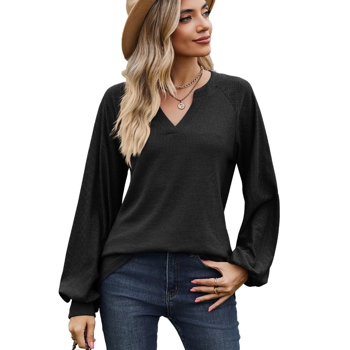 

Women s Solid Color Colorblock V-neck Loose Long Sleeve T-shirt Top, Autumn Winter New Casual Tops for European American Cross-border Trade S