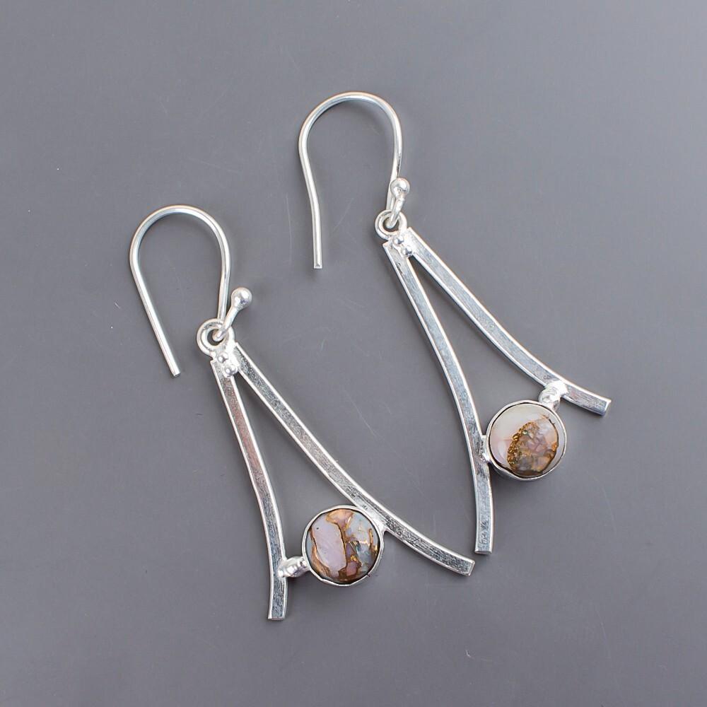Pink Copper Turquoise Gemstone 925 Sterling Silver Handmade Hook Earrings 1.45" EE-66-21