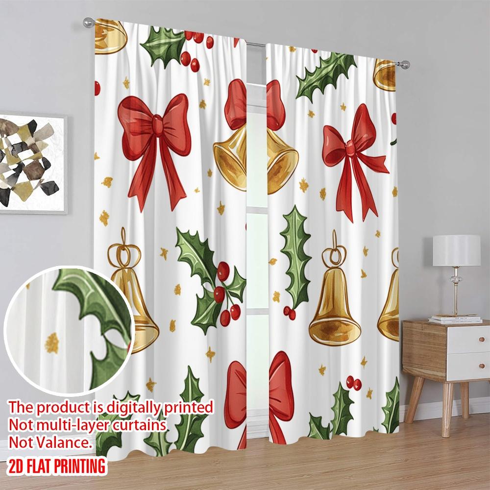 2 Stück, 2D-Flachdruck Vorhänge & Fensterdekoration Weihnachtsglocken Stechpalme Schleifen_a (4) Strapazierfähiger 100% Polyesterstoff (ohne Stange)