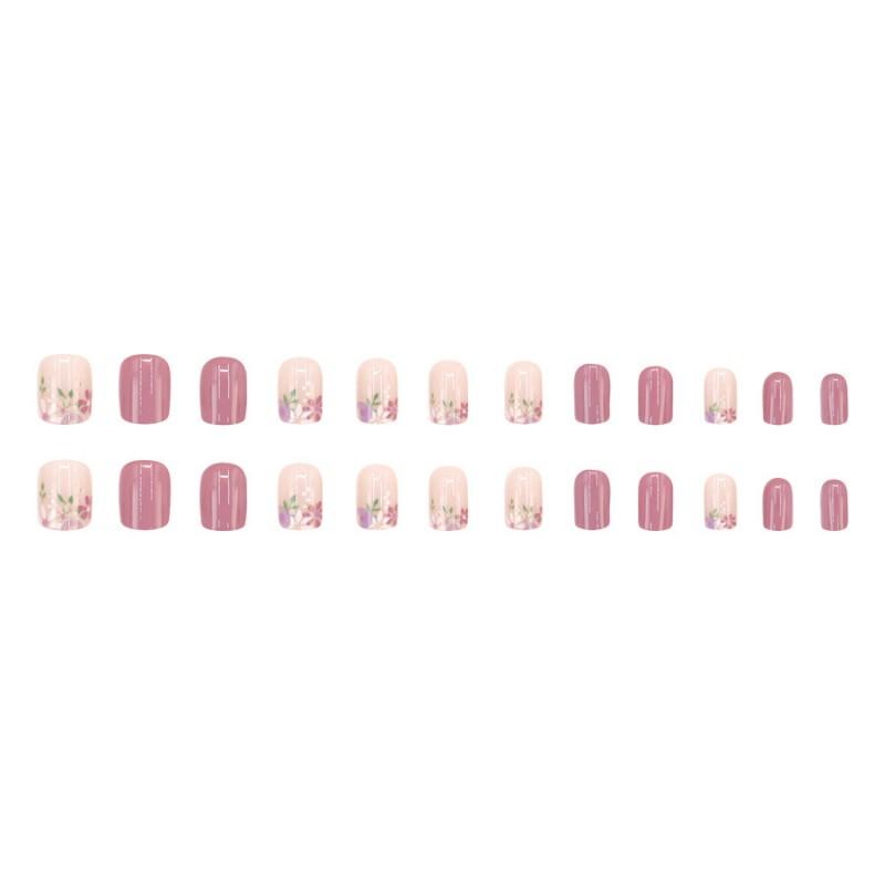 Flower Retro Pink Press On Nails Short Sweet Soft False Girls