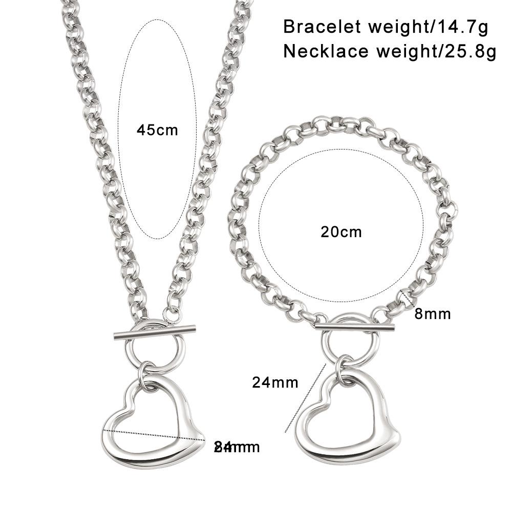 Unisex Stainless Steel Heart Pendant Necklace & Bracelet Set - Minimalist Hip Hop Trend