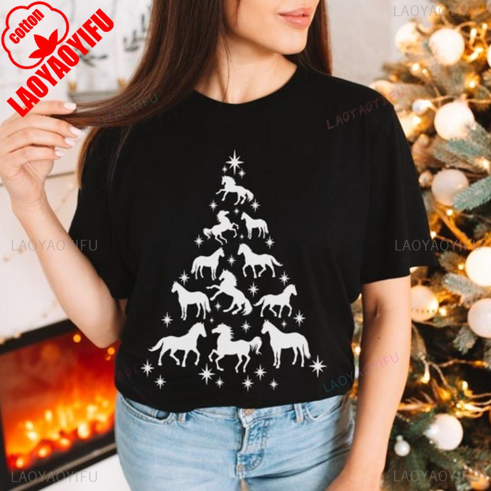 Horse Christmas Tree TShirt Horse Trainer Gift Equestrian TShirt Horses Lover Tee Unisex Women Fashion Casual Cotton Short Sleeve