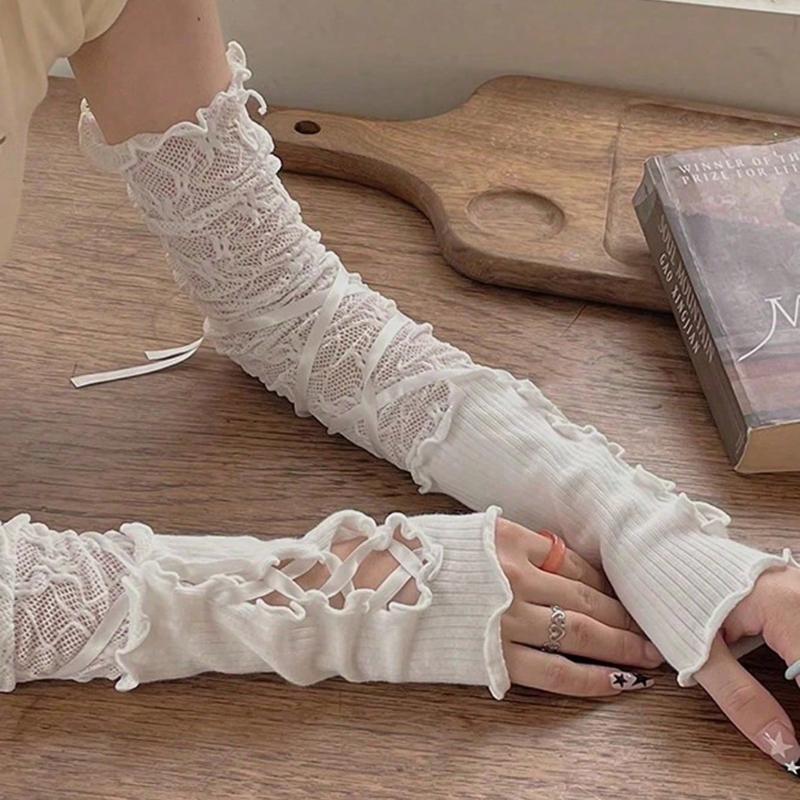 1 Pair Of Y2K Lace Strap Sleeves DIY Decorative Sleeves Short Solid Color Open Finger Curling Sleeves Wrist Sleeves Halloweeny2k Valentine's Day