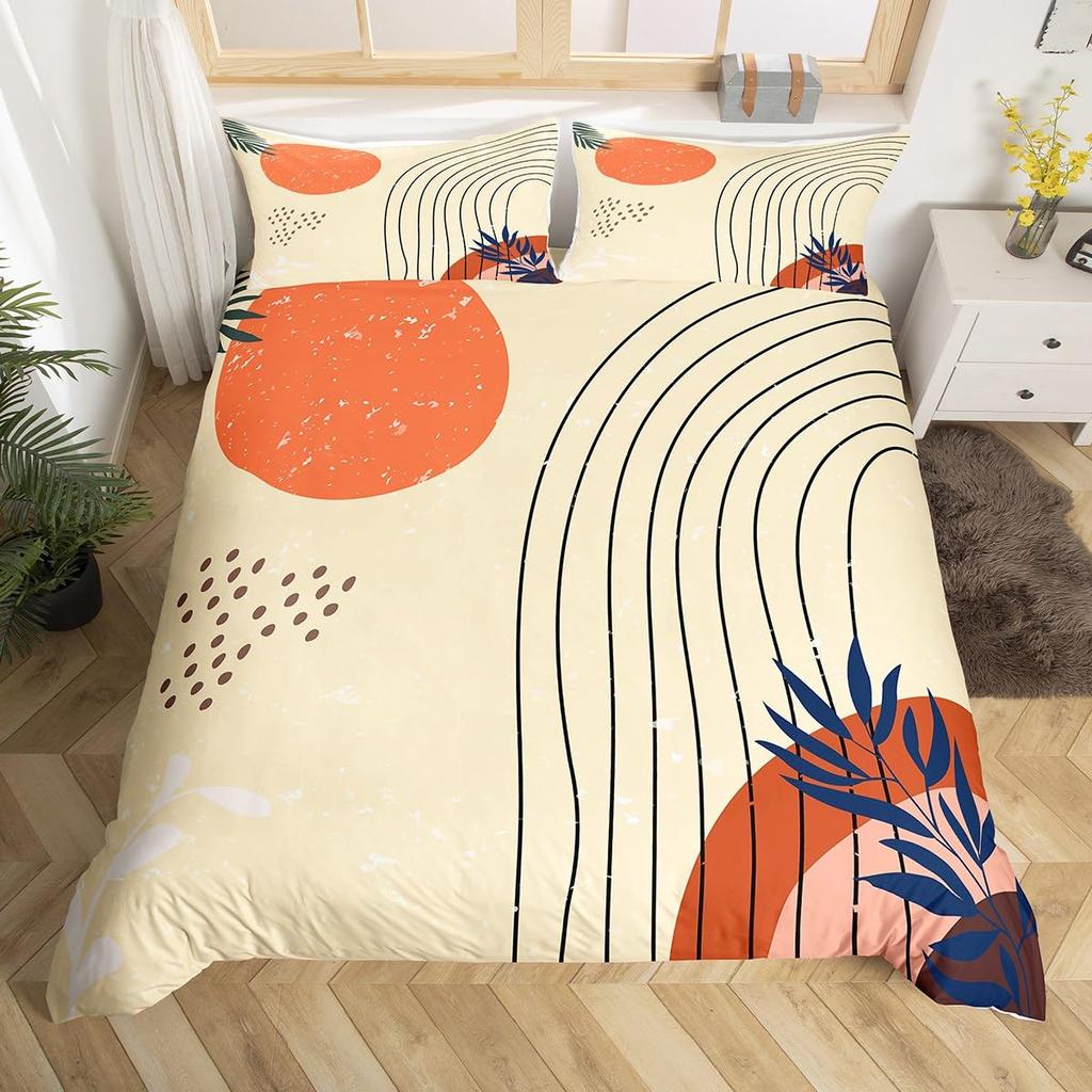 Abstract Red Sun Geometric Lines Duvet Cover Aesthetic Bedding Set Vintage Minimalist Comforter Cover Modern Circle Quilt Cover