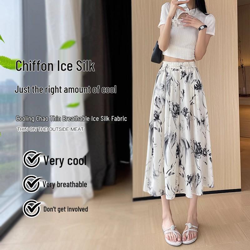 Women s Plus Size Chinese Ink Wash Print Tie-Dye Wide-Leg Skirt Pants - Summer 3D Ice Silk, Eight-Point Length L