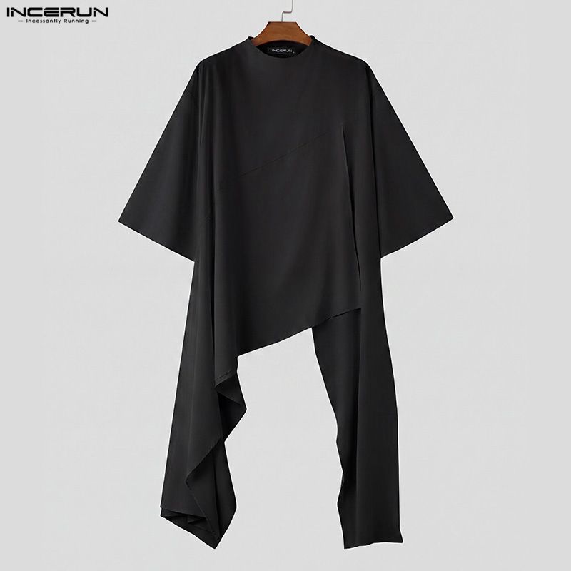 INCERUN Mens Vintage Ethnic Sets Solid Color Stand Collar Long Sleeve Irregular Tunic Top and Loose Pants Outfits