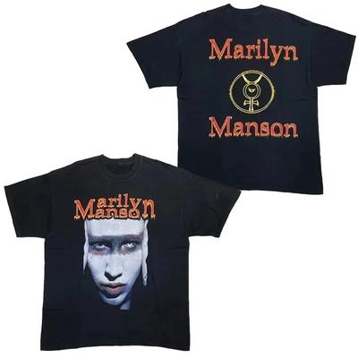 Marilyn Manson Industrial Metal 90s Vintage Portrait Graphic Oversized Streetwear T-Shirt with Ankh Symbol for Rock & Goth Fans
