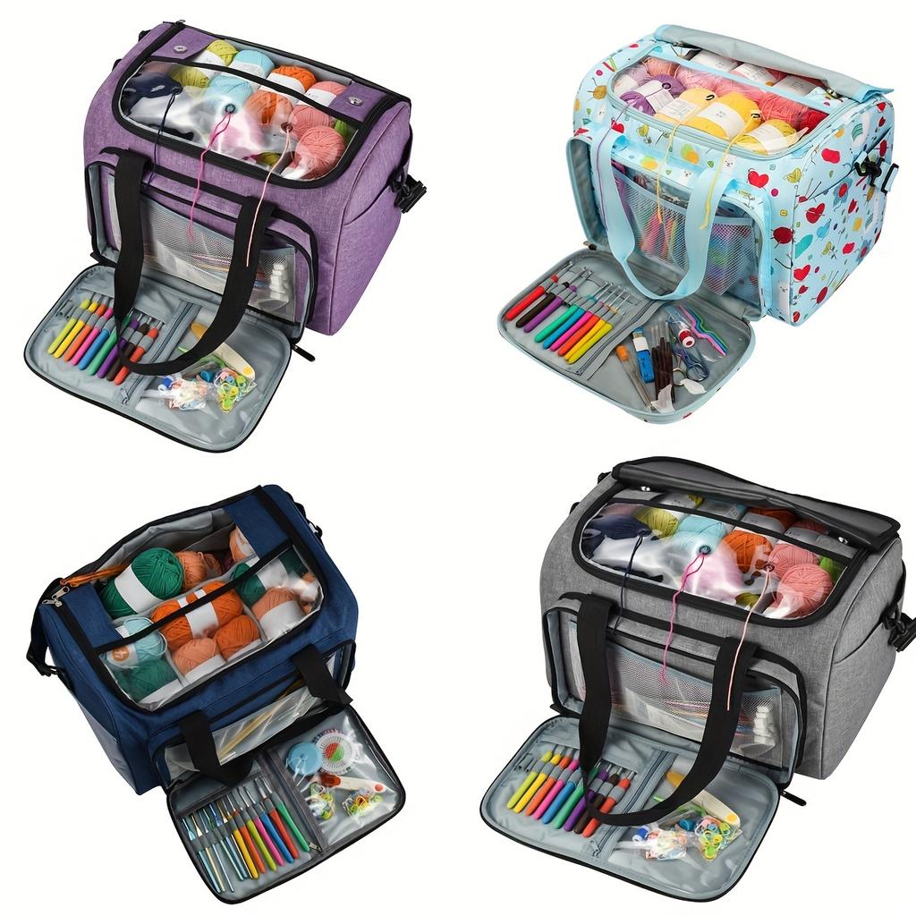 Large Capacity Yarn Knitted Tote Bag Multi-Pocket Crochet Accessory Organizer with Nylon Shoulder Straps for Home Travel