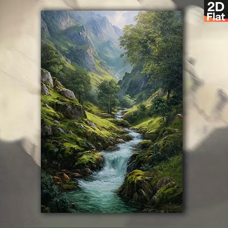 Modern Scandinavian Mountain Landscape Canvas Painting - Turquoise River, Green Hills & Lake Nature Wall Art 21X30CMNo Framed