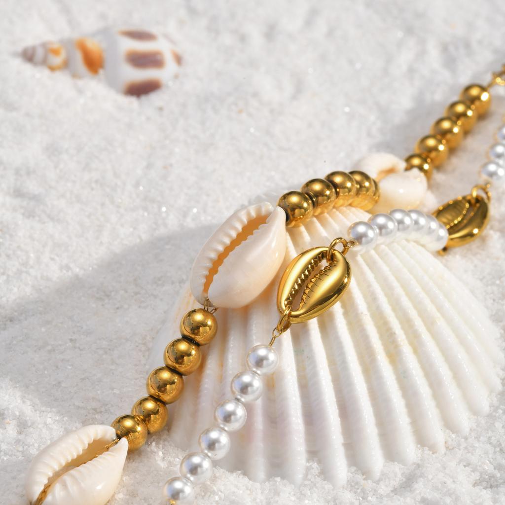 Bohemian Metal Shell Pearl Bracelet for Women Waterproof Stainless Steel Bead Bracelet Summer Beach Vacation Wrist Jewelry 2026