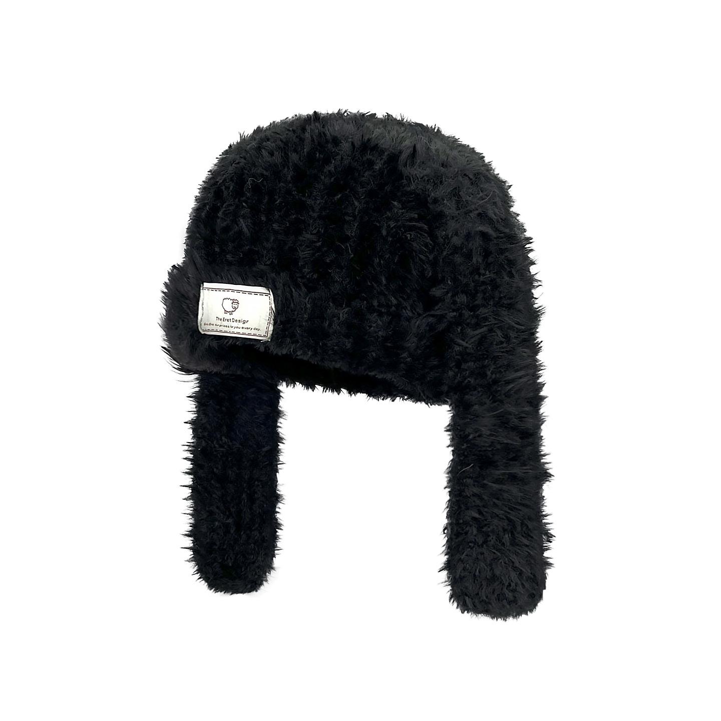 Women s autumn and winter new big head circumference knitted hat Japanese cute pullover hat cold hat plush long-eared rabbit wool hat чёрный