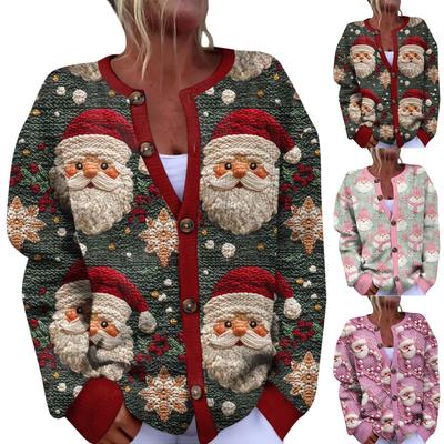 Women's Fashion Christmas Printed Long Sleeve Knitted Cardigan Button Down Jacket
