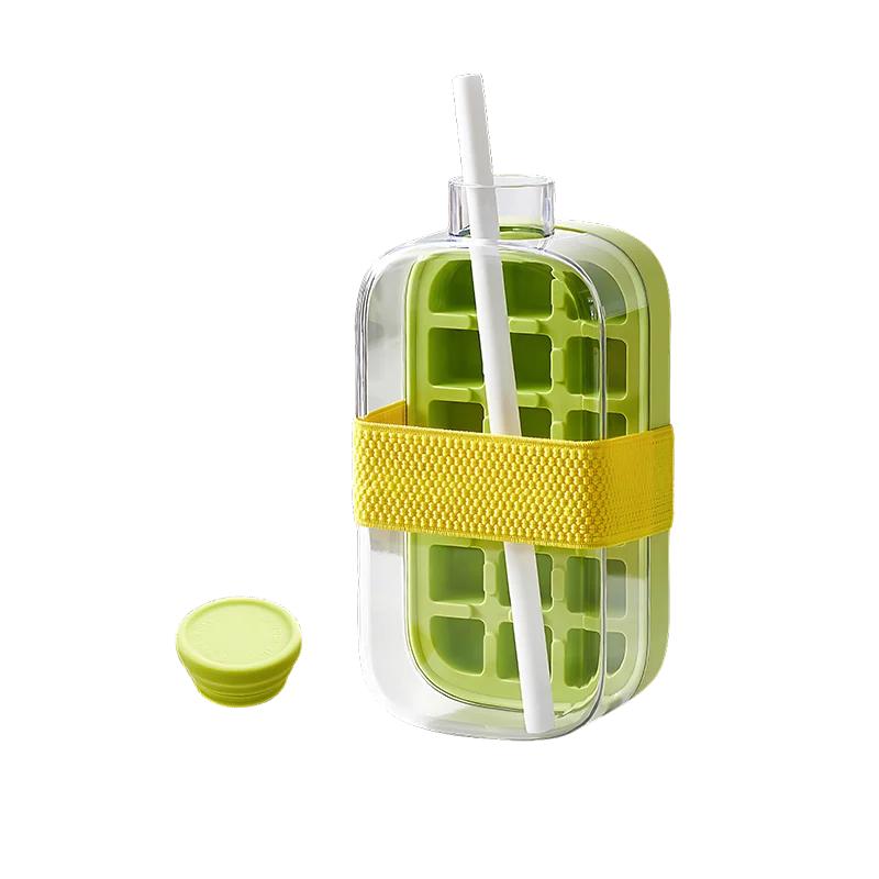 Portable Ice Cube Tray Bottle with Lid Silicone One-click Ice Mold Bottle Cooler Cup NO Touch DIY Fruit Juice Cup 500/800ml