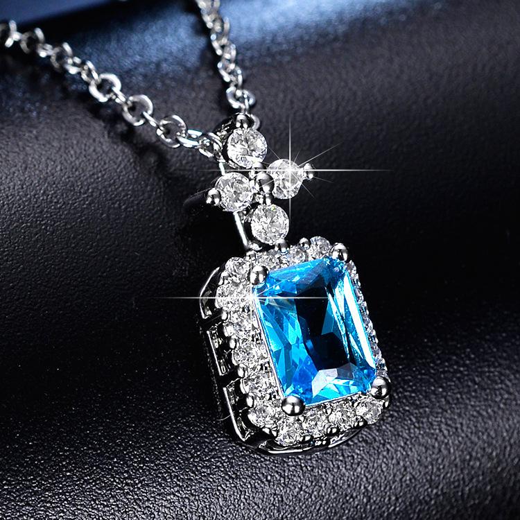 Rectangular Sea Blue Zirconium Colored Treasure Pendant Women's Fashion Jewelry Temperament Square Necklace