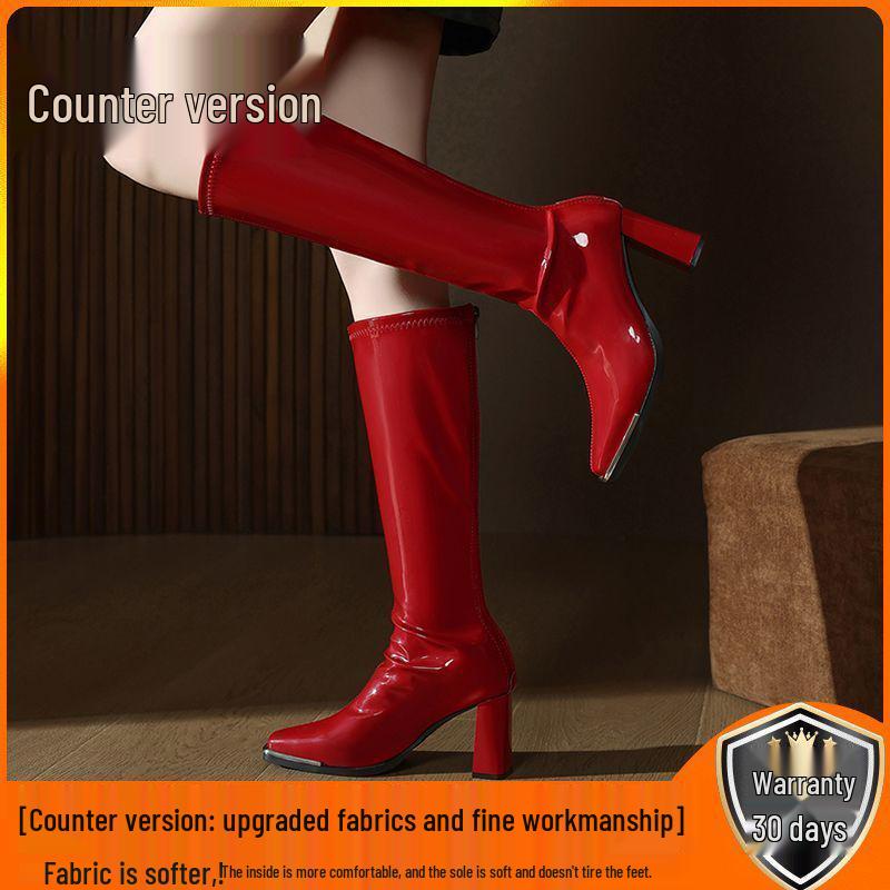 Women's Red Patent Leather Chunky Heel Boots - Autumn/Winter 2025 Collection, Metal Anti-Collision Square Toe, Elastic, Sexy Long Design.