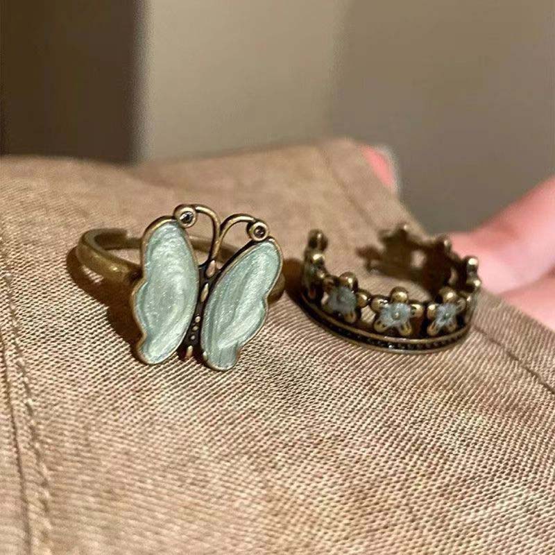 Vintage Zinc Alloy Color Butterfly Flower Opening Ring For Women Men Punk Hip Hop Metal Adjustable Finger Rings Zircon Gift