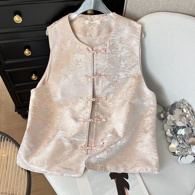 Women Landscape Brocade Round Neck Frog Button Sleeveless Vest M розовый