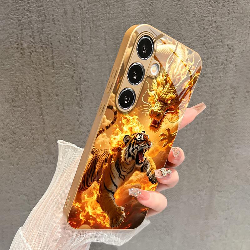 Dragon Roar Tiger Leap Pattern 2D Phone Case for Samsung S26 S25 S24 S23 S22 S21 S20 A56 A36 A16 Golden Glass Protective Cover