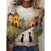 Apricot cute cat print design, elegant crew neck long-sleeve T-shirt for women's fashion for autumn and winter