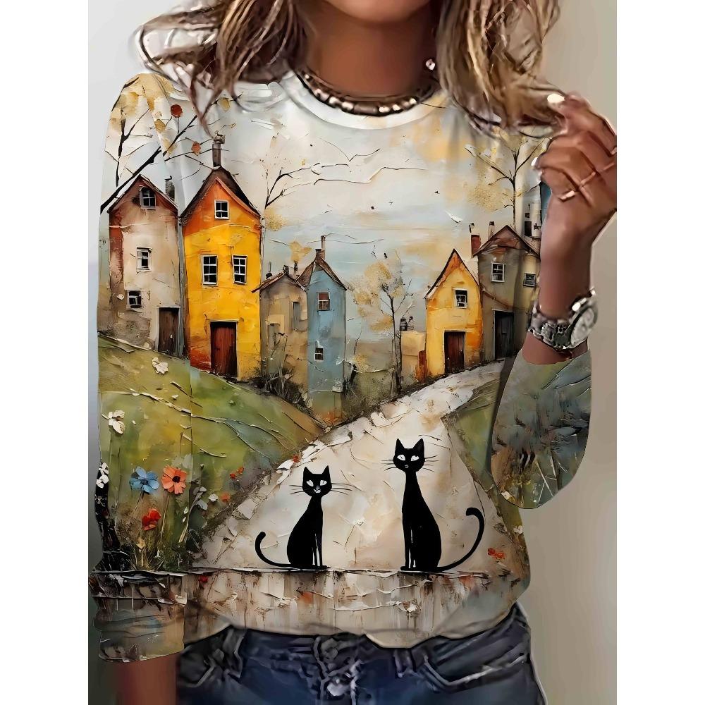Apricot cute cat print design, elegant crew neck long-sleeve T-shirt for women's fashion for autumn and winter