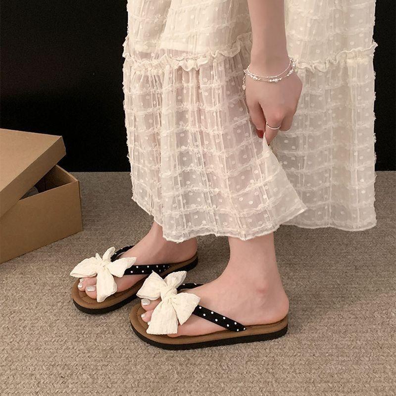 Women's Slippers and Ladies Sandals with Bow on Beach Shoes Flat Flip Flops Slides Summer 2025 Sale Luxury Elegant Fashionable