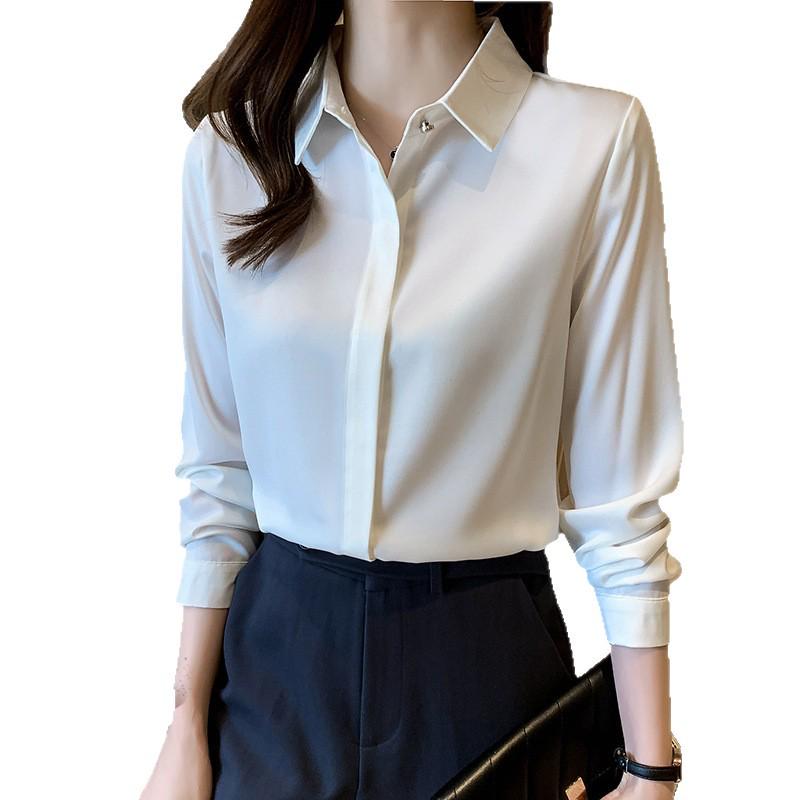Damska biała satynowa koszula formalna z długim rękawem 2025: Odporna na zagniecenia, wysokiej klasy odzież profesjonalna na jesień/zimę do nauczania i na rozmowy kwalifikacyjne