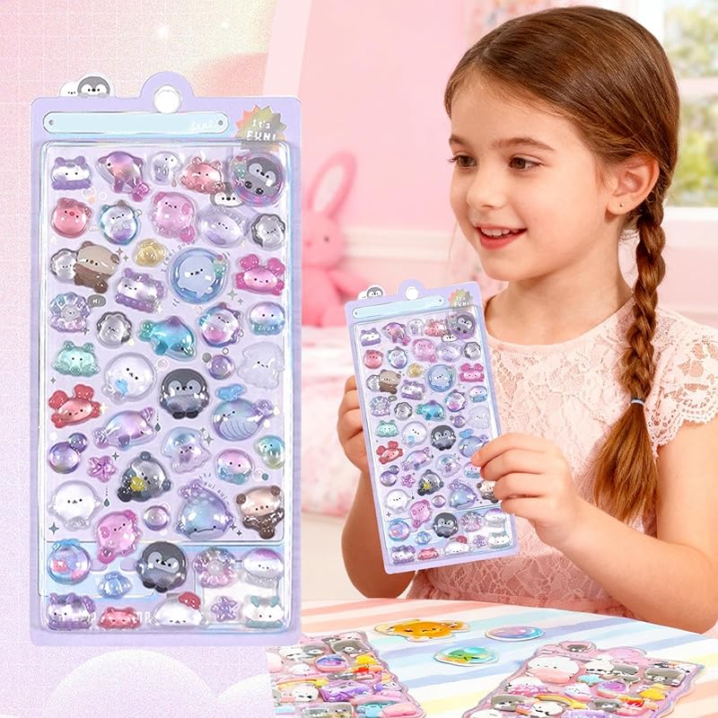 Cute 3D Pukupuku Stickers, Hollow, 3D Bubble Sticker Set, Reward Stickers for Planners and Diaries, Floating Cartoon Style DIY, Sparkly Girl