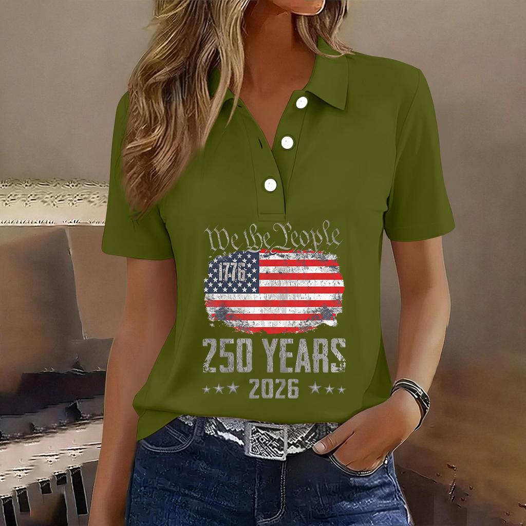 Damen Freizeit Kurzarm Hemd mit Knöpfen 250. Jubiläum Grafikdruck Polo Top für Unabhängigkeitstag Feier 2026 Gedenk-T-Shirt