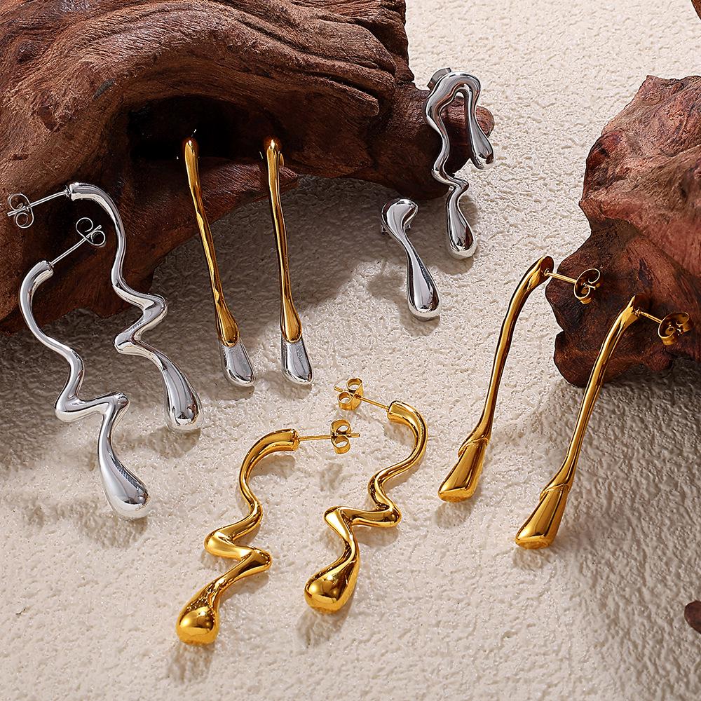Retro Lava Irregular Titanium Steel Water Drop Stud Earrings for Women
