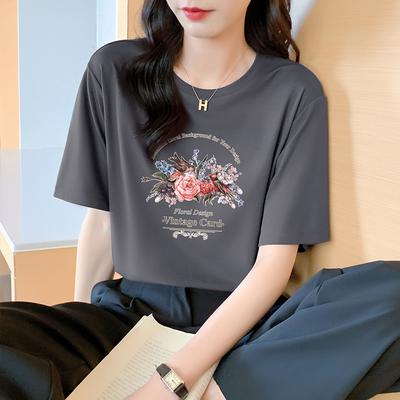 2025 Summer Cotton Short-sleeved Women's T-shirt Hong Kong Flavor Retro Printed T-shirt High-end Niche Design Top